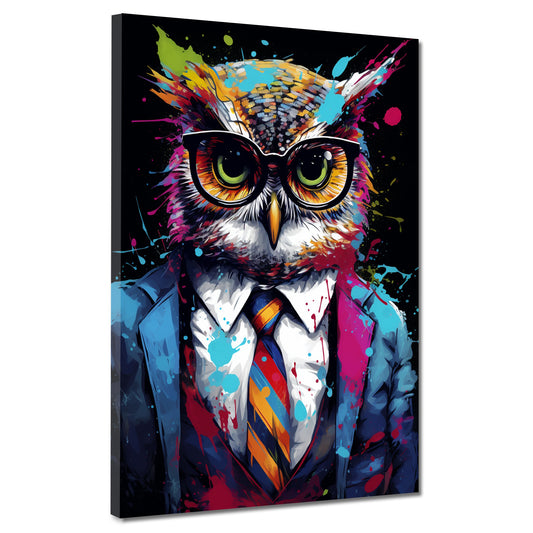 Wandbild Pop Art Eule im Anzug Dark Mode