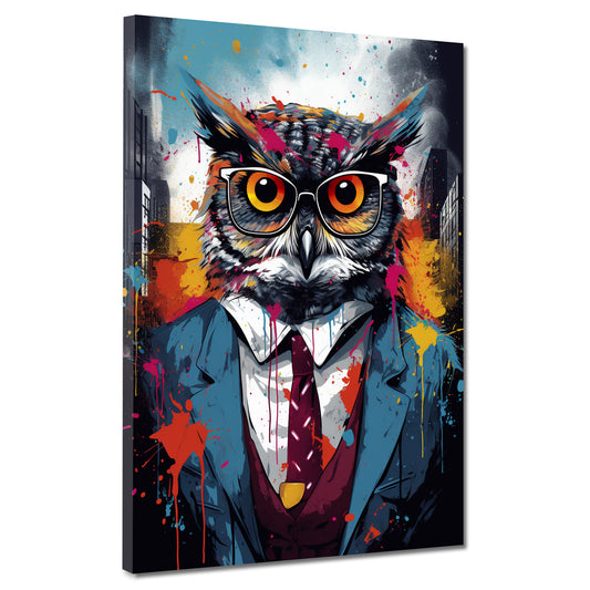 Wandbild Pop Art Eule im Anzug und Krawatte