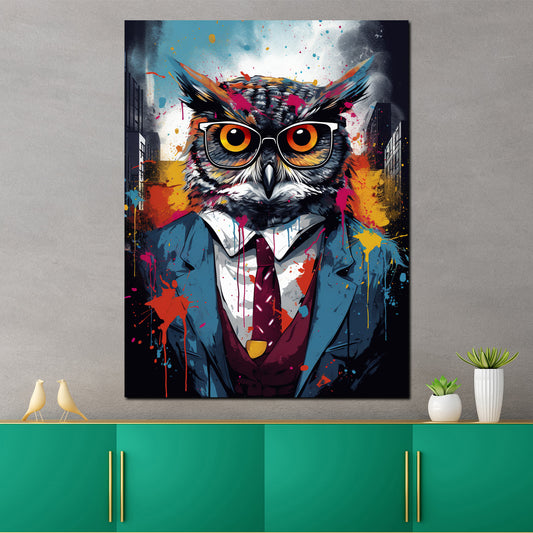 Wandbild Pop Art Eule im Anzug und Krawatte