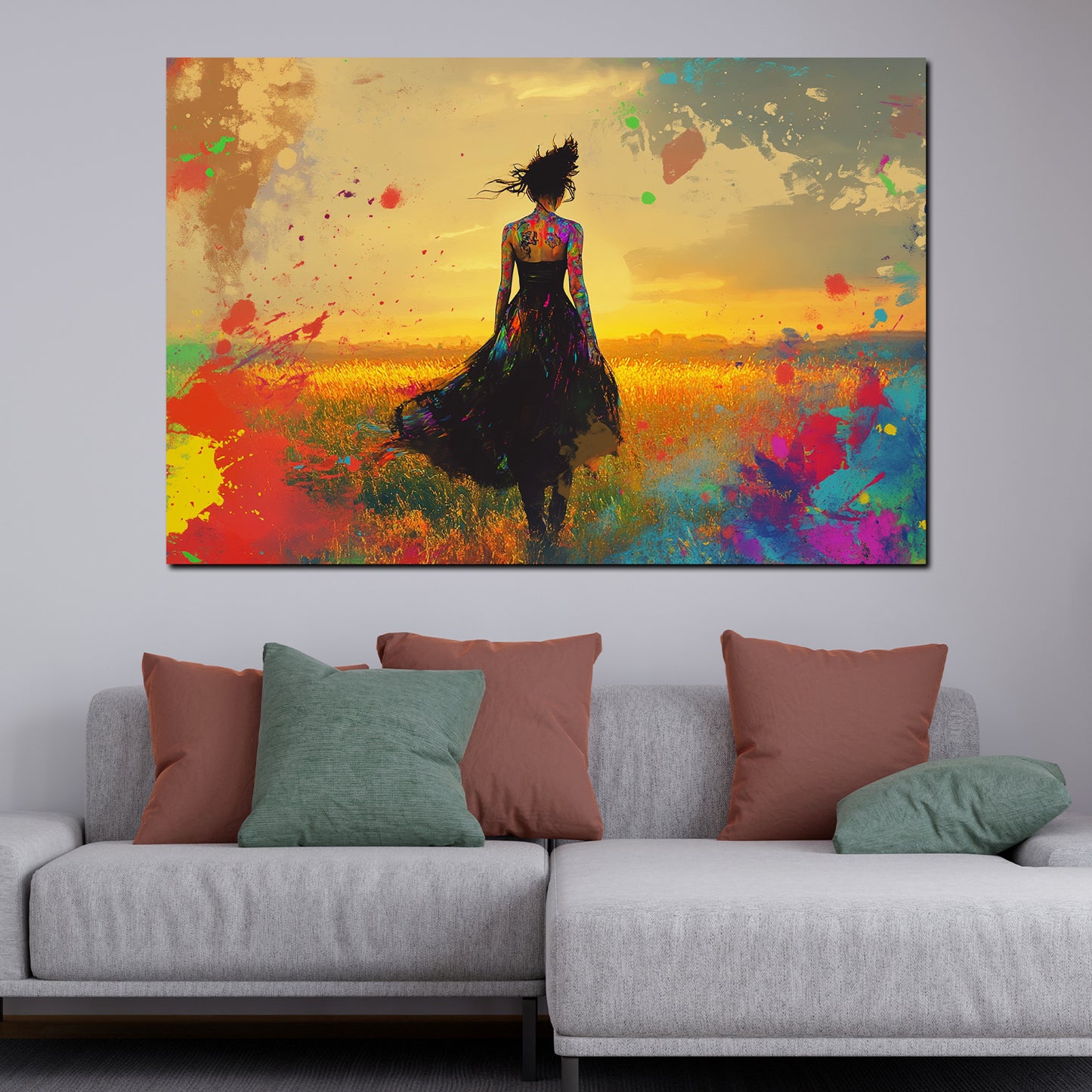 Wandbild Pop Art Frau im Feld Sonnenuntergang farbenfroh