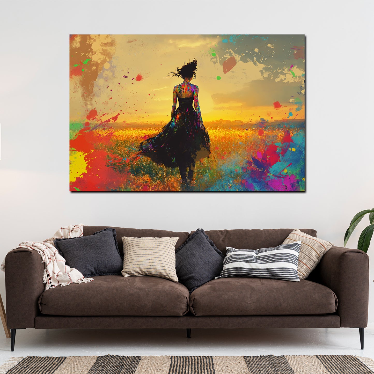 Wandbild Pop Art Frau im Feld Sonnenuntergang farbenfroh