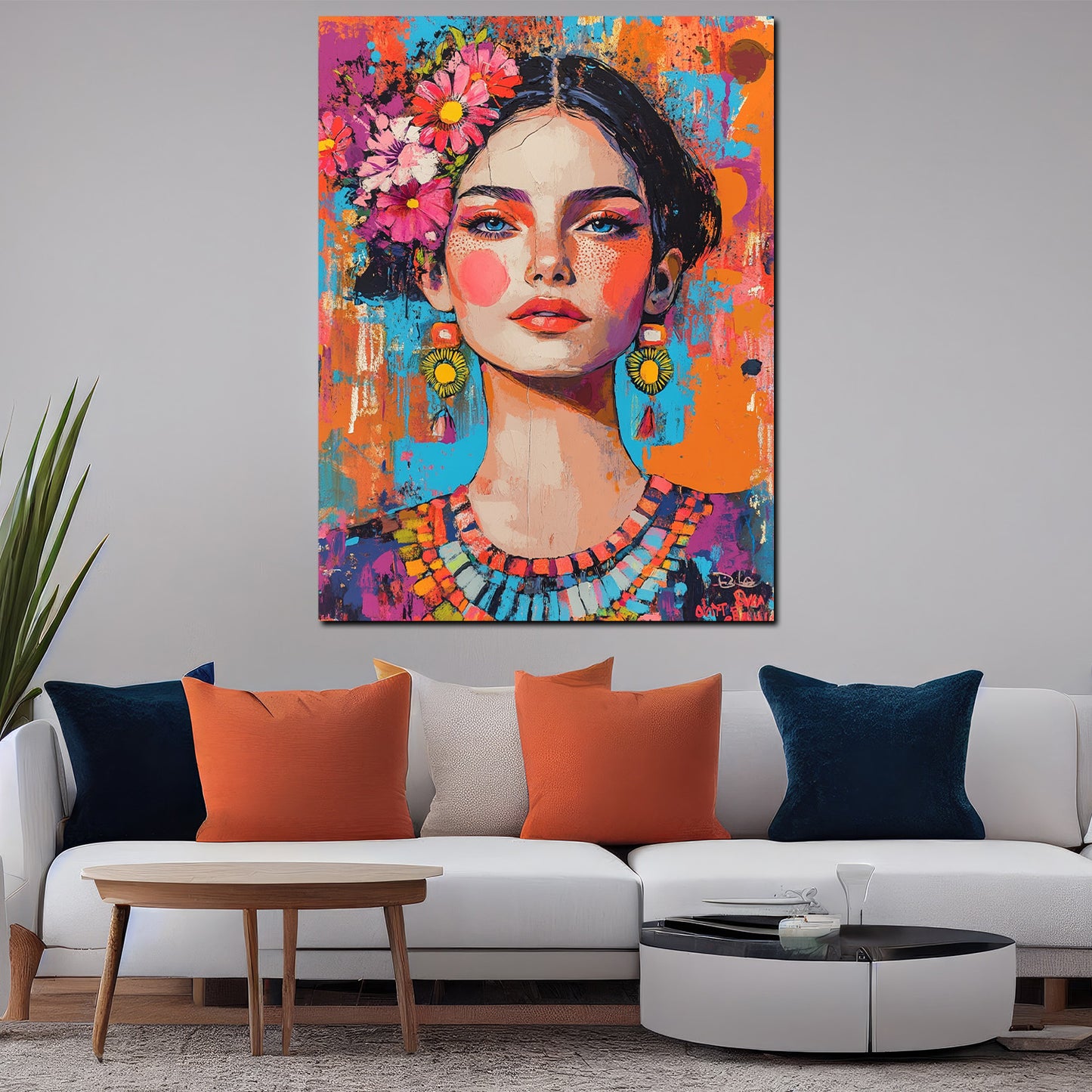 Wandbild Pop Art Frau Frida jung mit Blumen modern