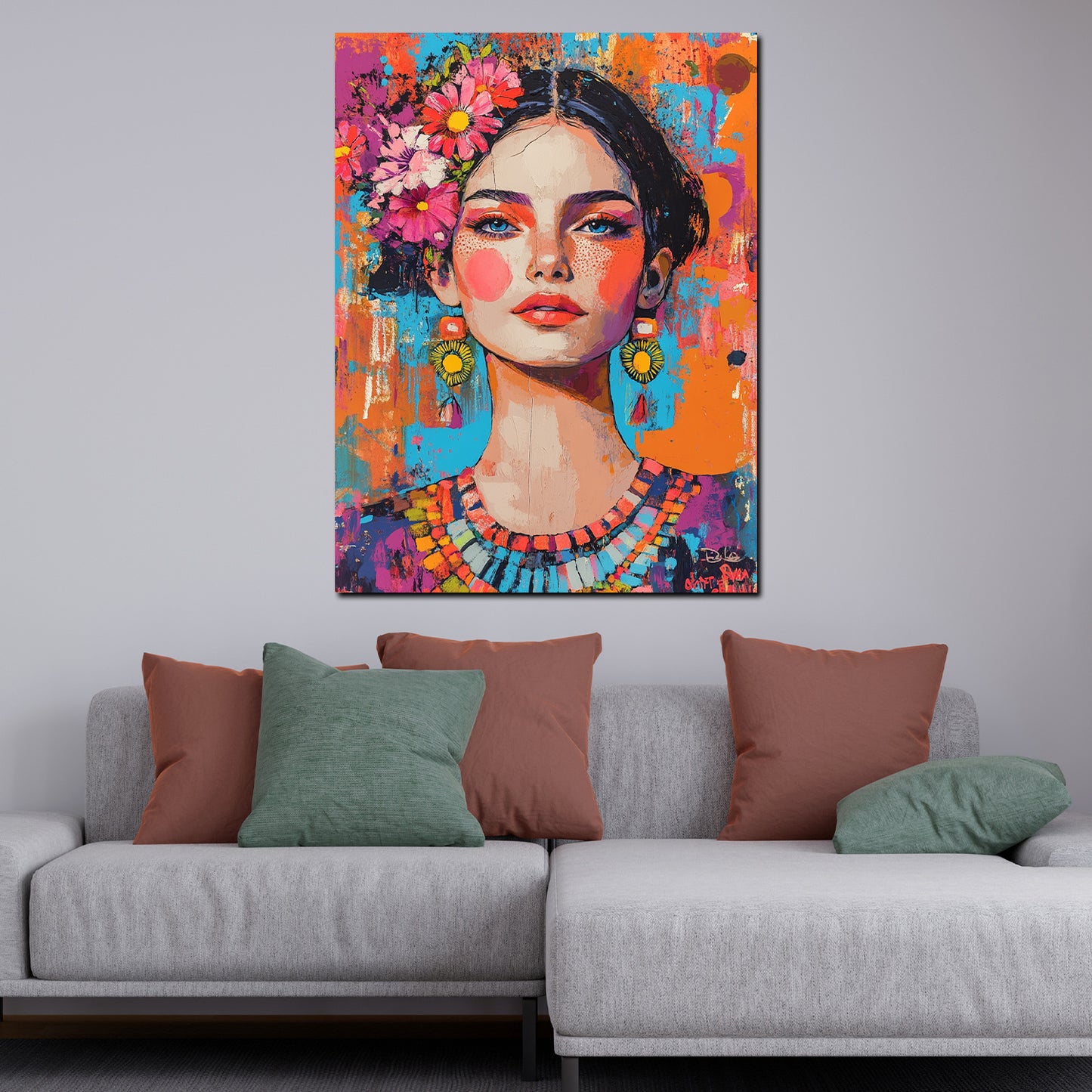 Wandbild Pop Art Frau Frida jung mit Blumen modern