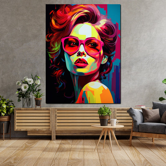 Wandbild Pop Art Frau mit roter Sonnenbrille