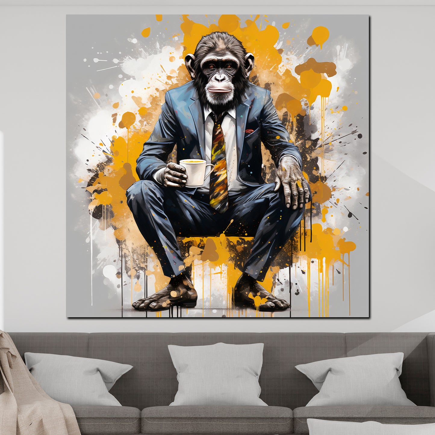 Wandbild Pop Art Gorilla im Anzug mit Kaffee