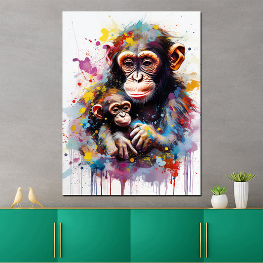 Wandbild Pop Art Affe Schimpanse mit Baby Colour Splash
