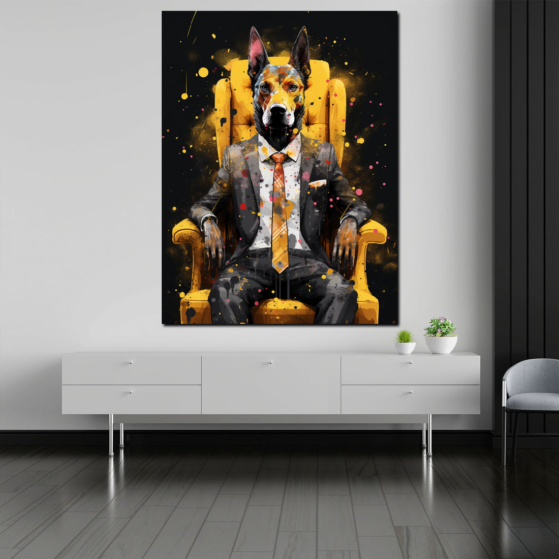 Wandbild Pop Art Hund im Anzug sitzend, Tiere im Anzug