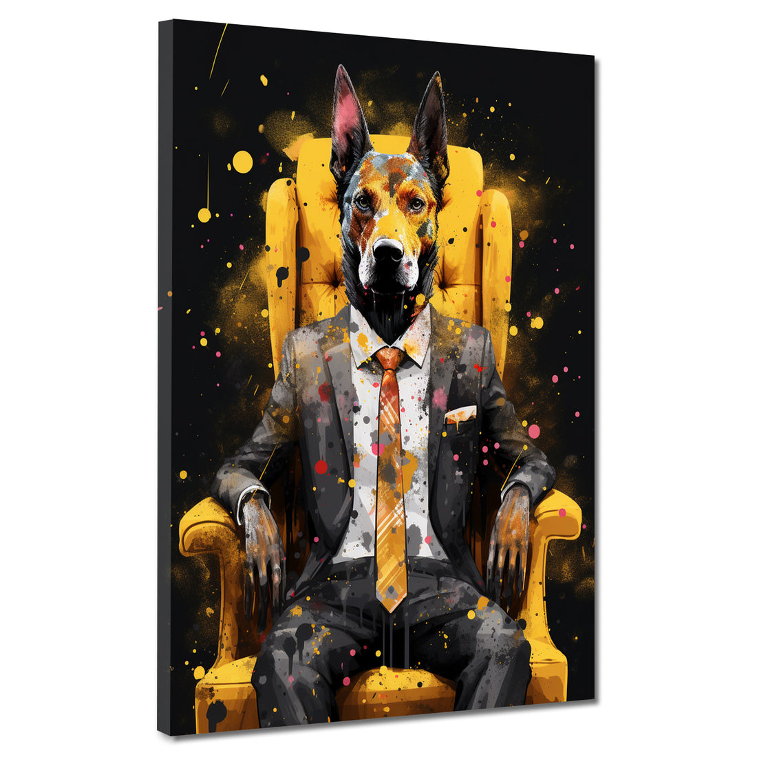 Wandbild Pop Art Hund im Anzug sitzend, Tiere im Anzug