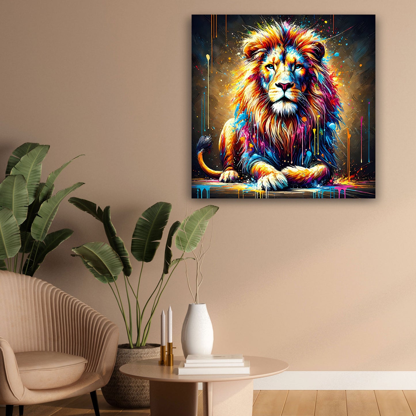 Wandbild Pop Art Löwe sitzend mit leuchtenden Farben