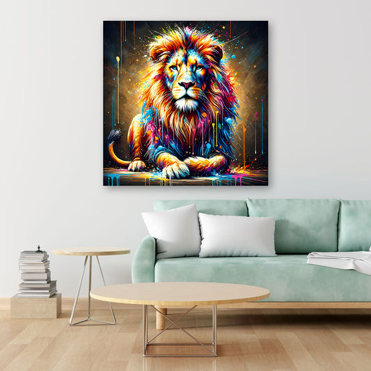 Wandbild Pop Art Löwe sitzend mit leuchtenden Farben