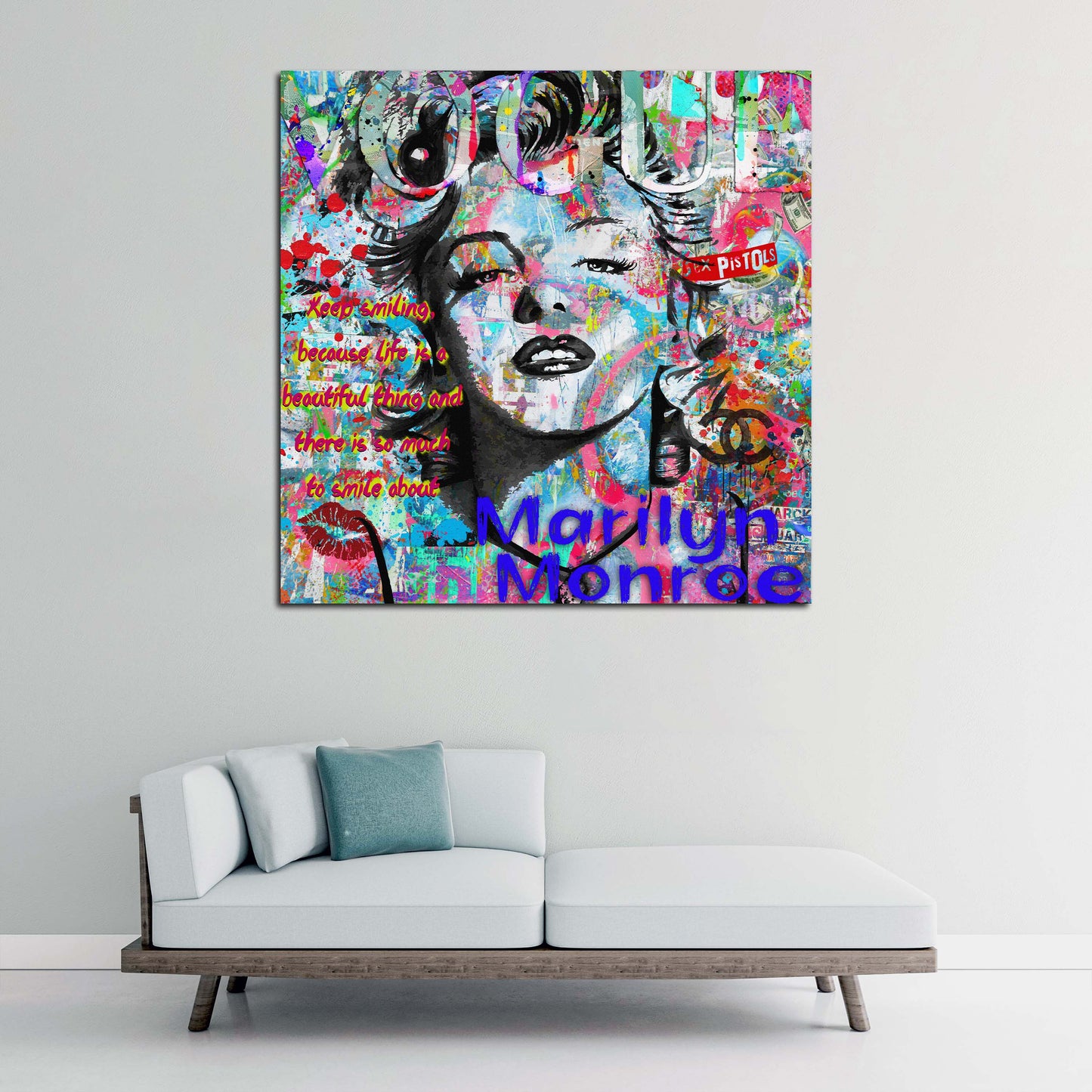 Wandbild Pop Art Marilyn Porträt Zitat bunt Street Art modern