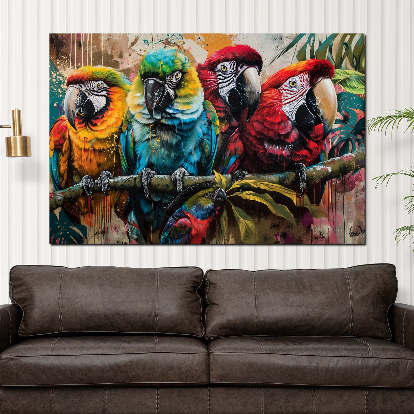 Wandbild Pop Art Papageien bunt auf Ast