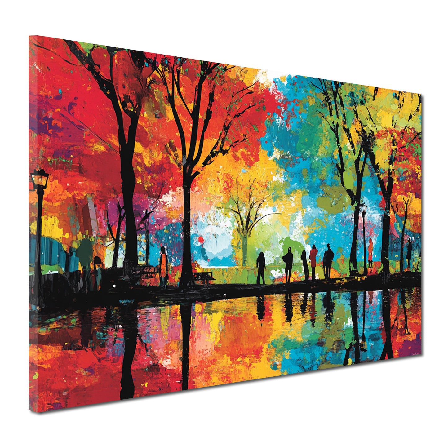Wandbild Pop Art Park Bäume Spiegelung Menschen farbenfroh