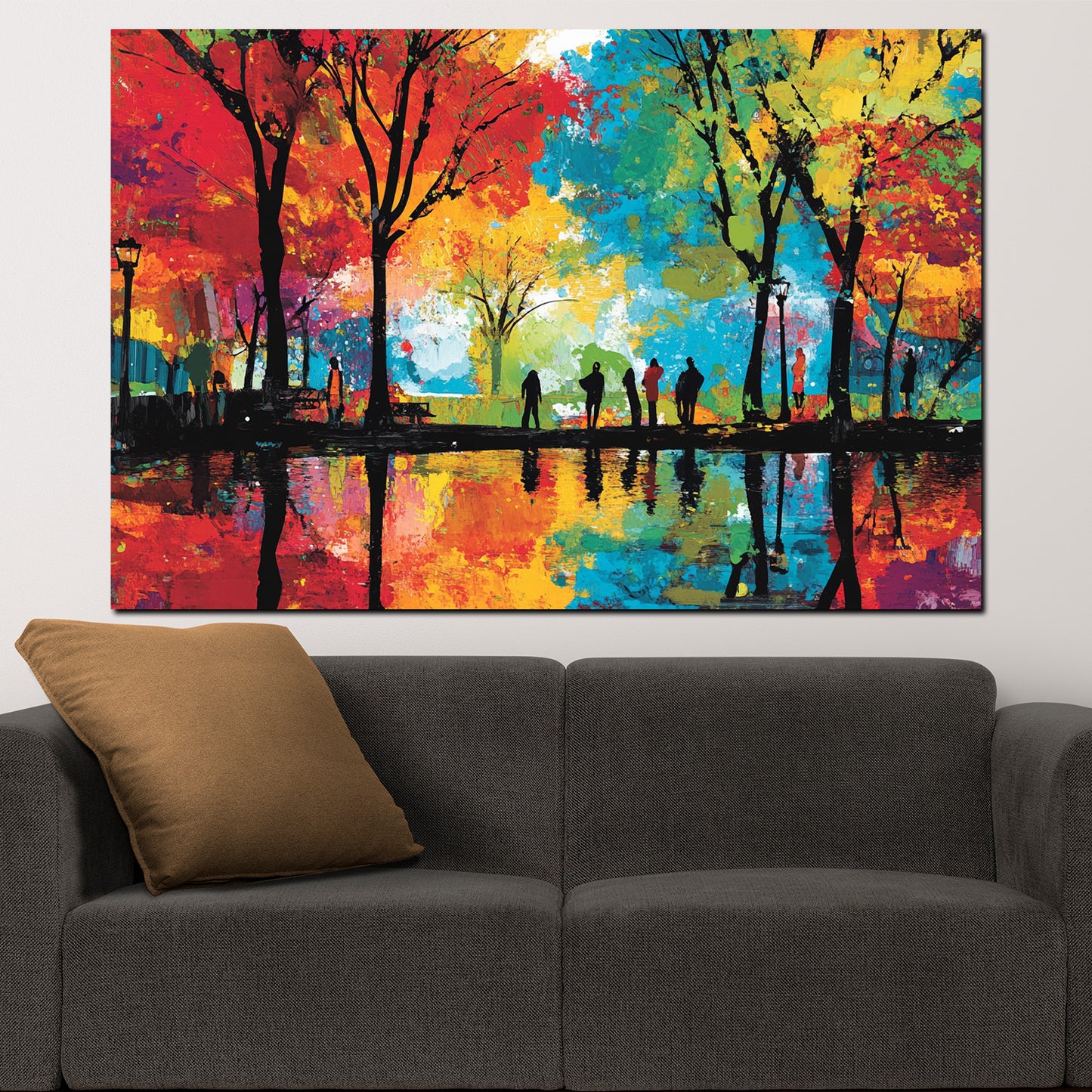 Wandbild Pop Art Park Bäume Spiegelung Menschen farbenfroh