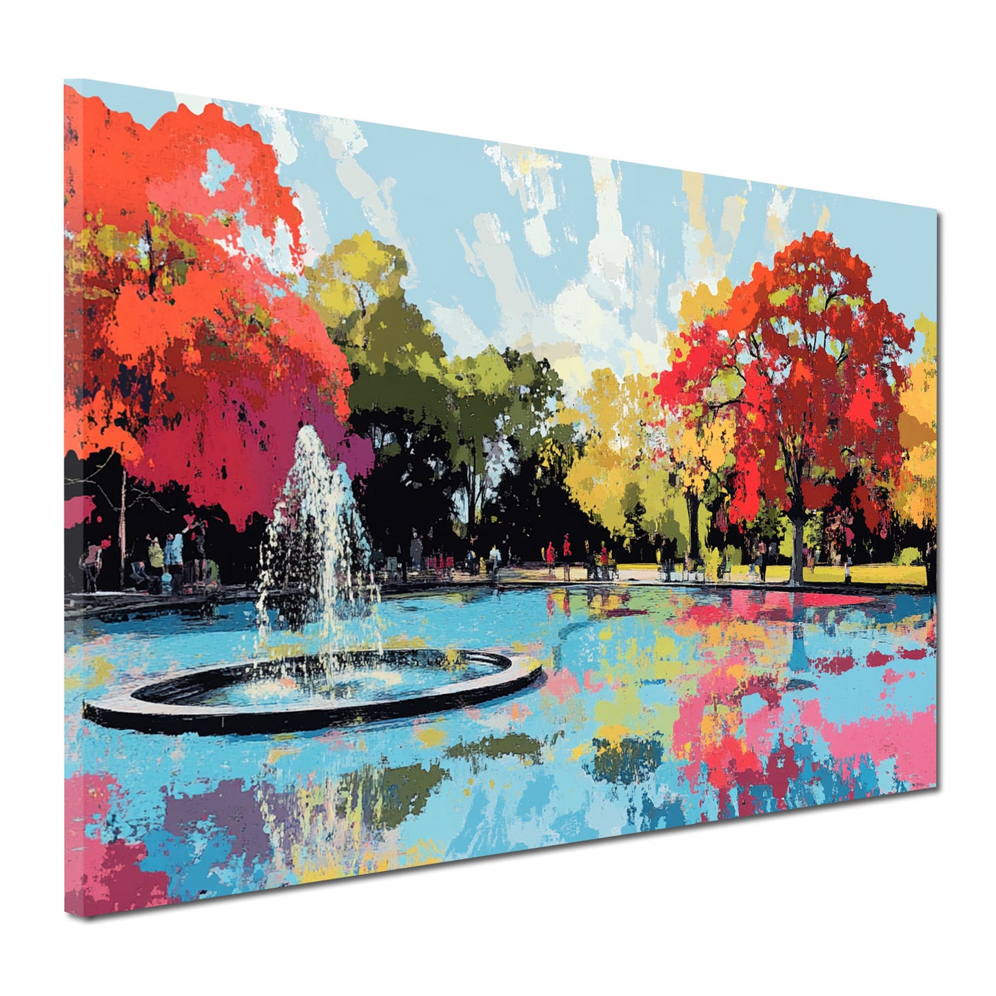 Wandbild Abstract Art Park Brunnen Bäume Spiegelung Farben Herbststimmung