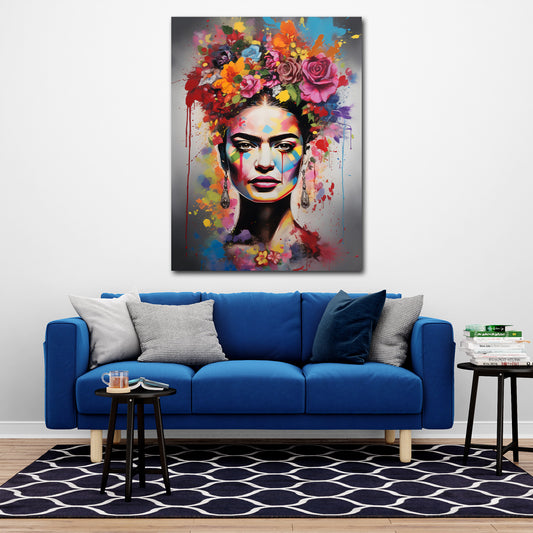 Pop Art abstrakt Frida mit Blumenkranz Wandbild