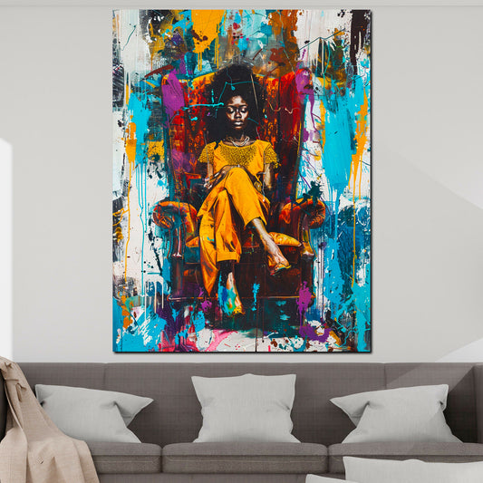 Wandbild Pop Art afrikanische Frau im Sessel farbenfroh modern