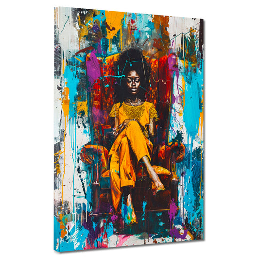Wandbild Pop Art afrikanische Frau im Sessel farbenfroh modern