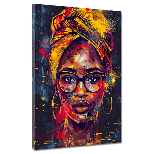 Wandbild Pop Art afrikanische Frau mit Brille und Kopftuch modern farbenfroh
