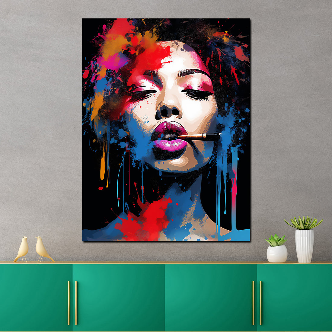 Wandbild Pop Art modern coole Frau Gesicht Splash Colour