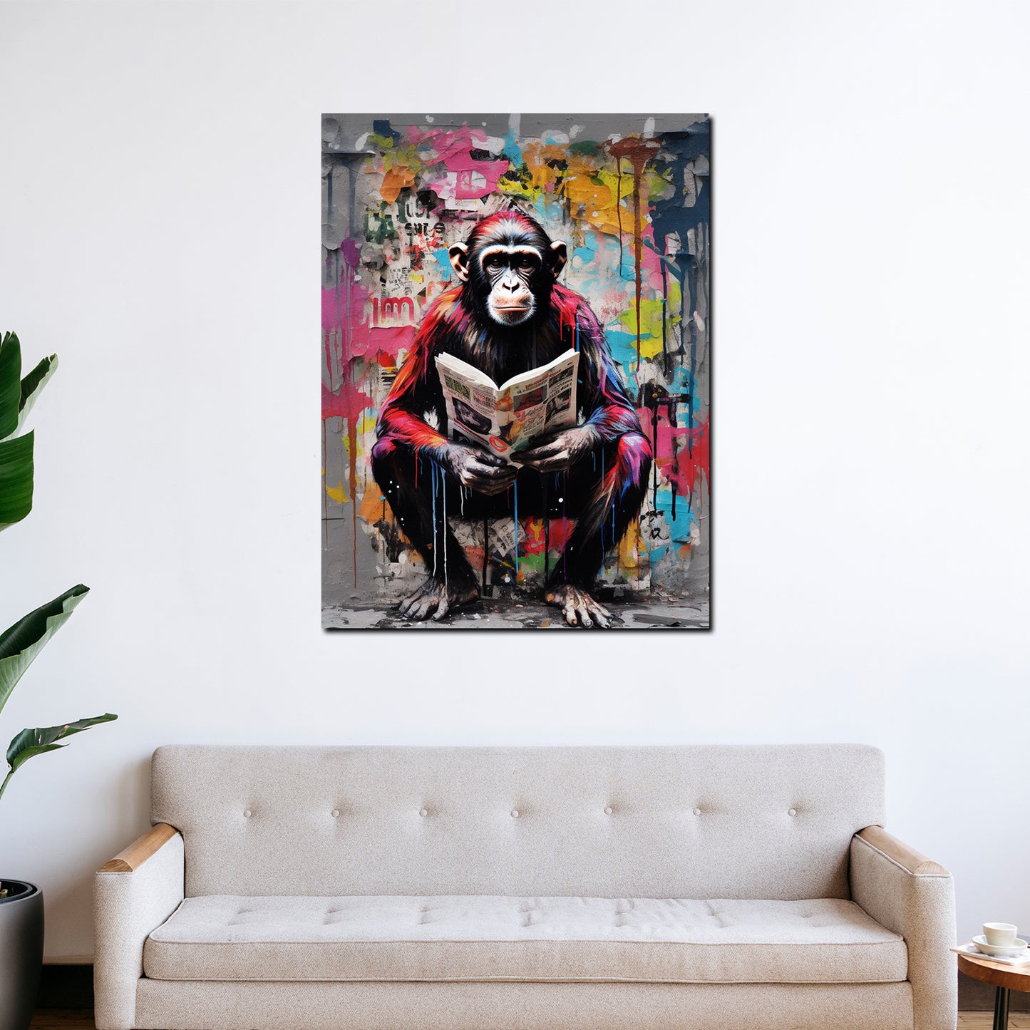 Wandbild Pop Art sitzender Affe mit Zeitung