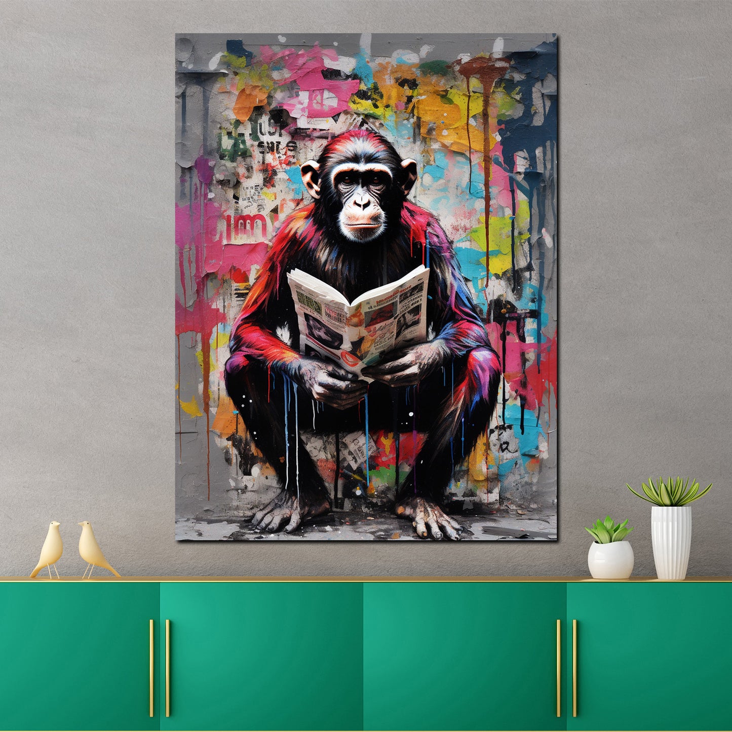 Wandbild Pop Art sitzender Affe mit Zeitung