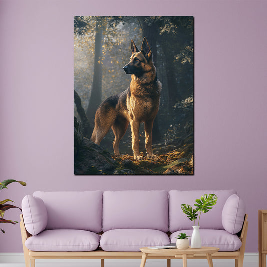 Wandbild Schäferhund im Wald Lichtstimmung