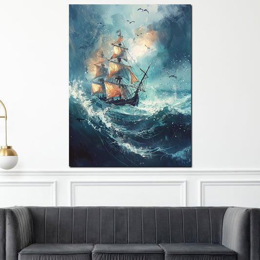 Wandbild Segelschiff im Sturm mit Möwen