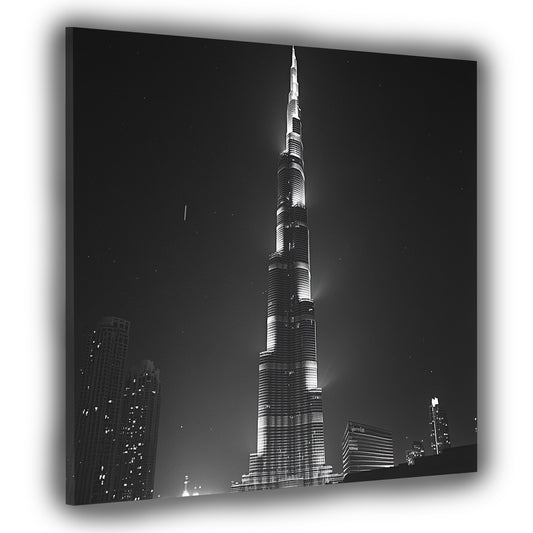 Wandbild Städte Dubai Burj Khalifa Skyline Nachtaufnahme schwarz weiß