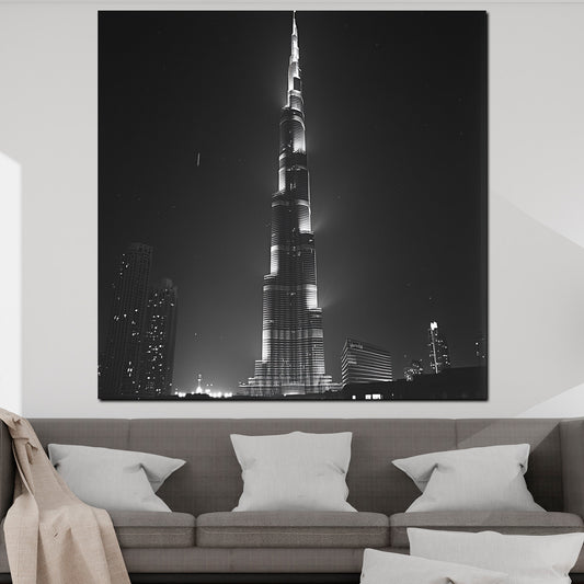 Wandbild Städte Dubai Burj Khalifa Skyline Nachtaufnahme schwarz weiß