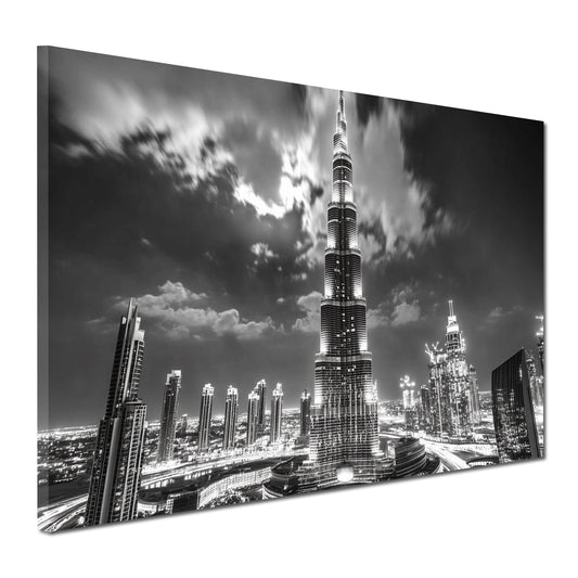 Wandbild Städte Dubai Burj Khalifa Skyline schwarz weiß Nachtaufnahme