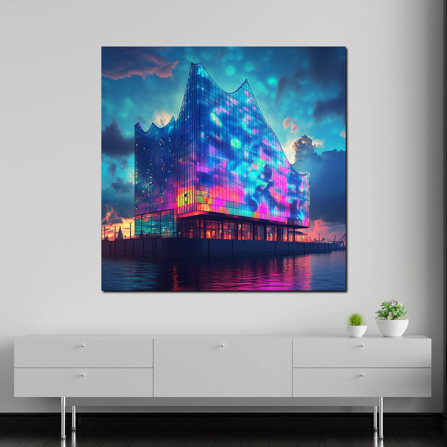 Wandbild Städte Pop Art Elbphilharmonie Hamburg Architektur Lichtspiel bunt