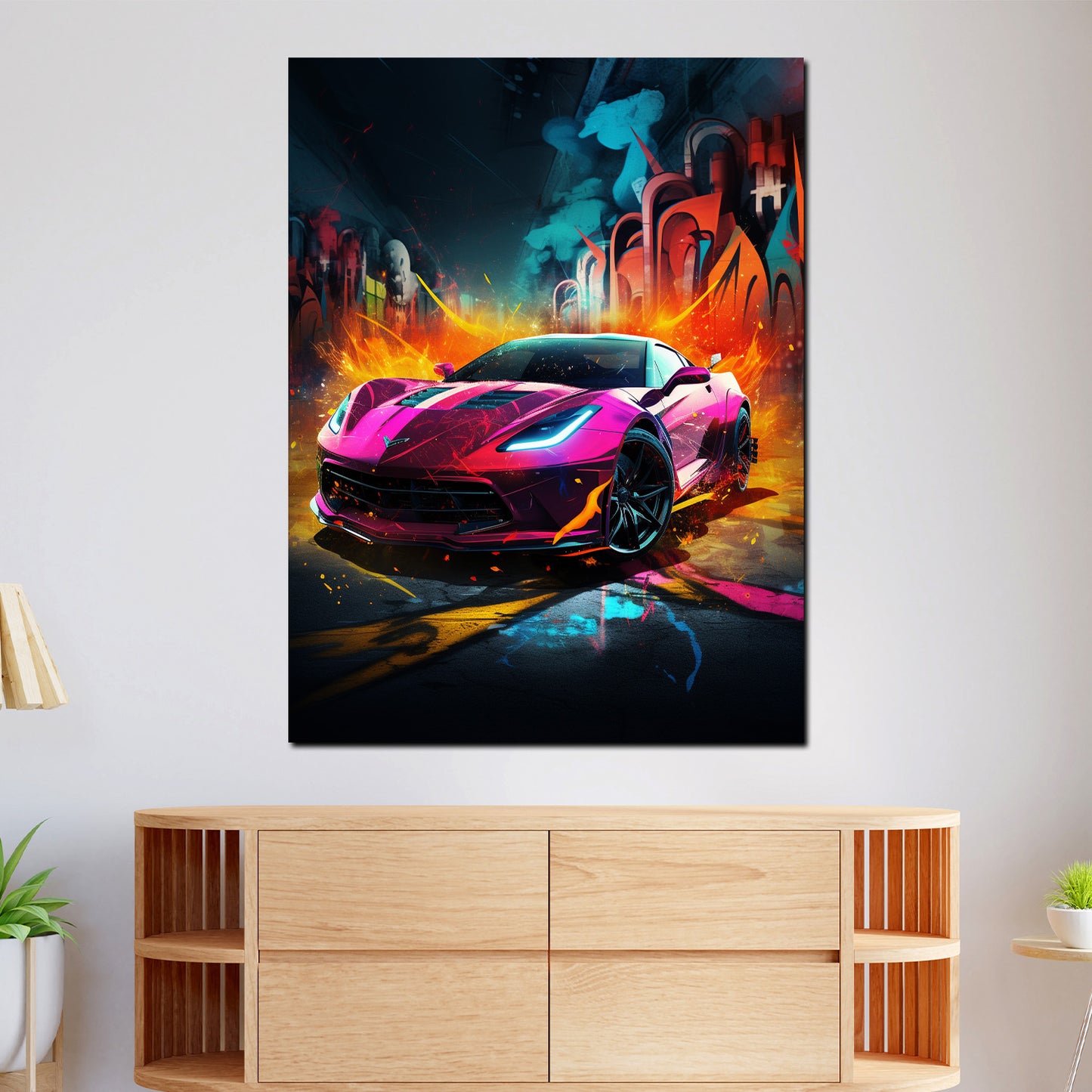 Wandbild Street Art Pinker Sportwagen
