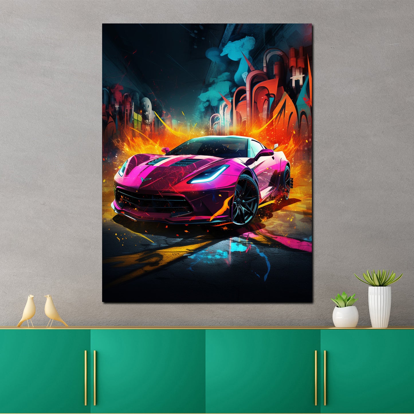 Wandbild Street Art Pinker Sportwagen