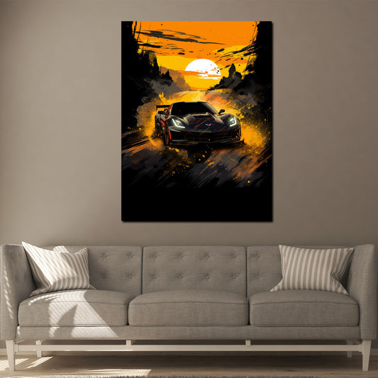 Wandbild Street Art Sportwagen in der Abenddämmerung