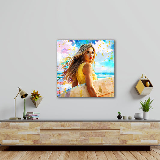 Wandbild Surferin am Strand