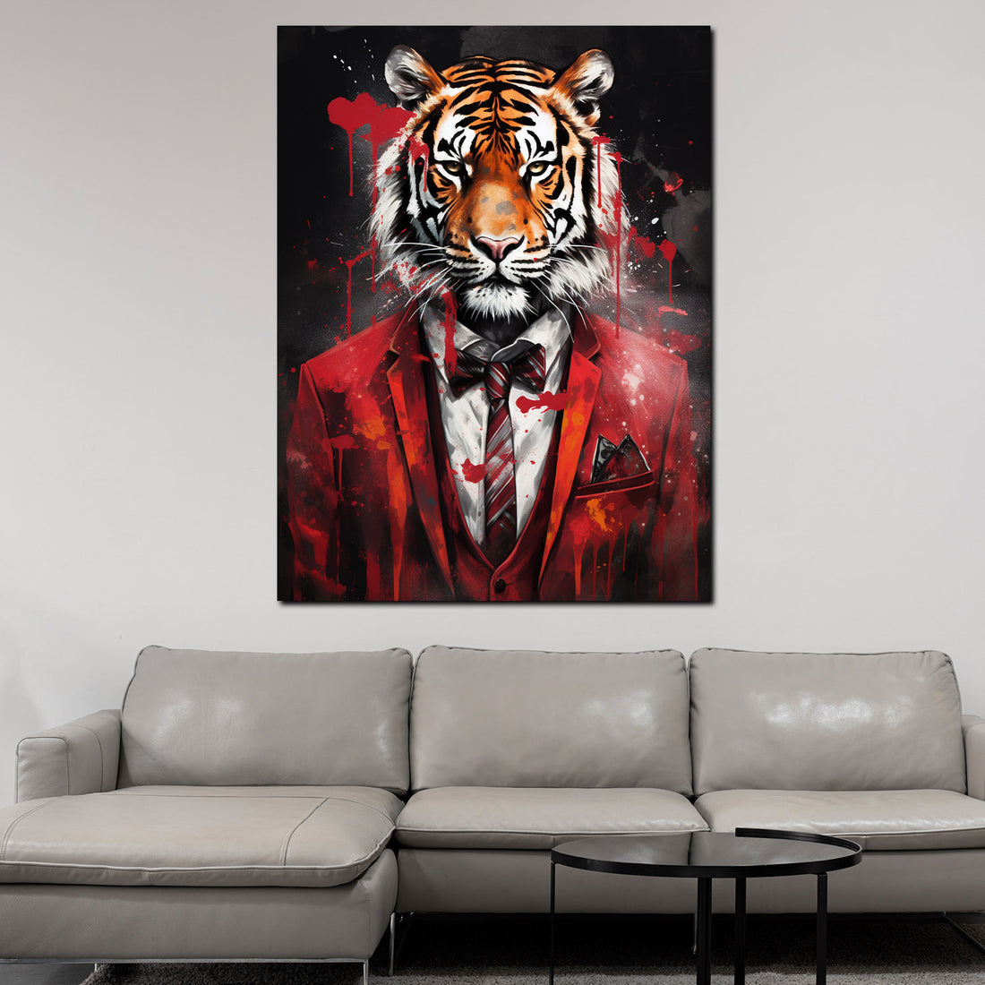 Wandbild Tiger frontal im roten Anzug abstrakt Pop Art