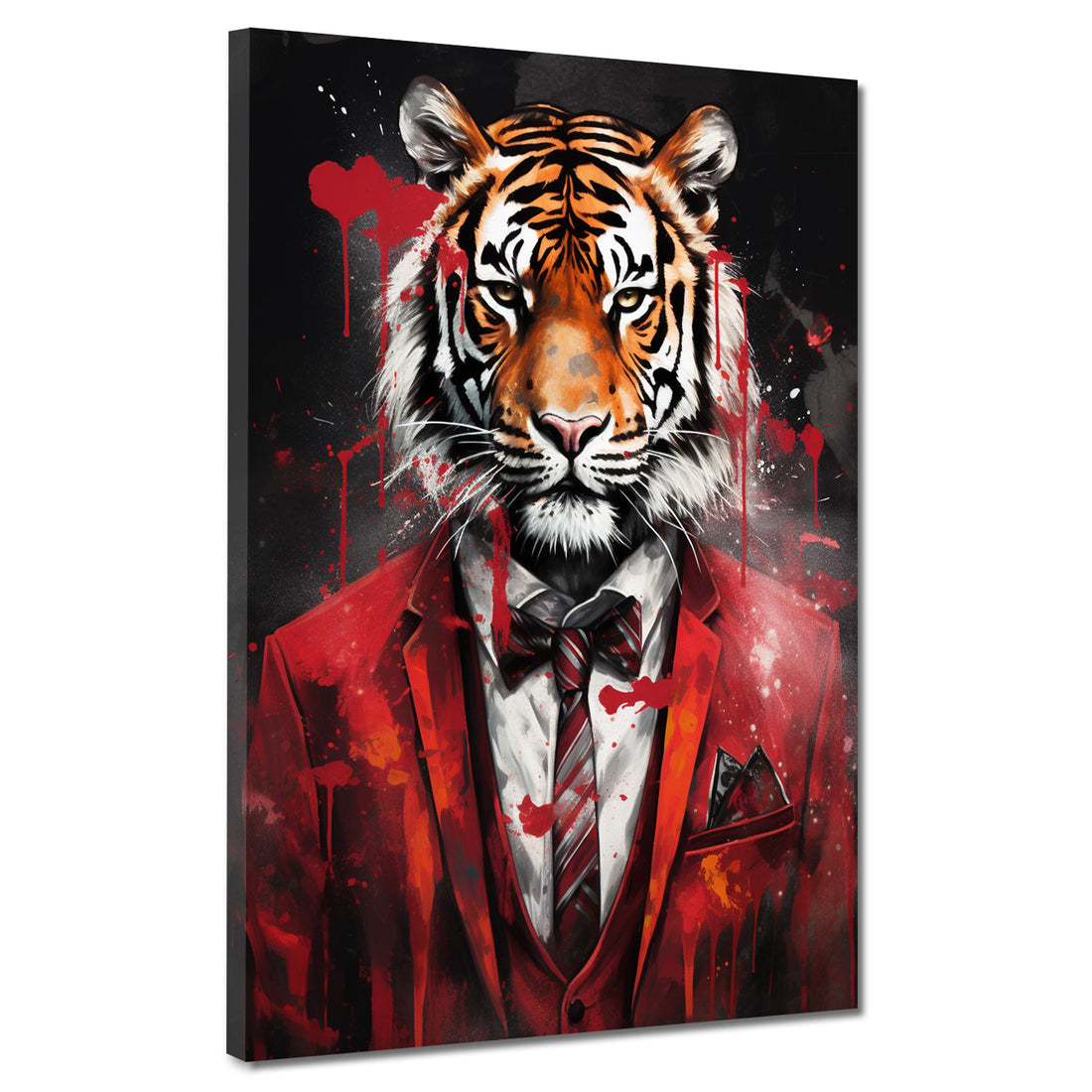 Wandbild Tiger frontal im roten Anzug abstrakt Pop Art