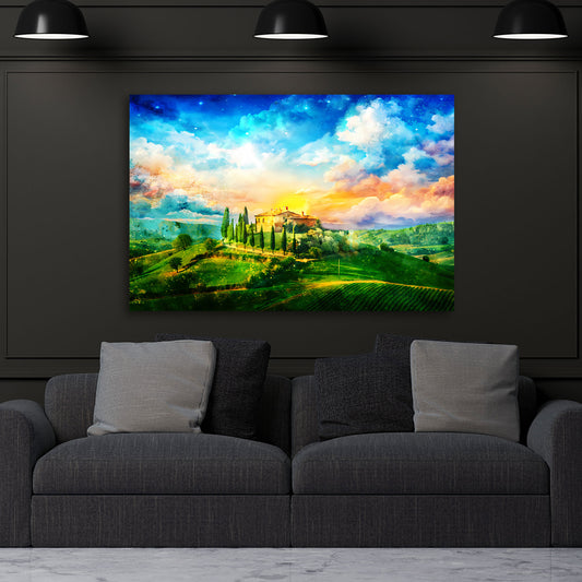 Wandbild Toskana Italien mit malerischer Landschaft und Sonnenuntergang