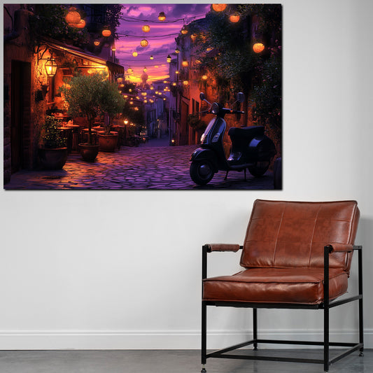 Wandbild Toskana Sommerabend Vespa Lichter romantische Gasse