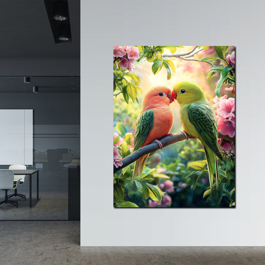 Wandbild Vogelpaar Zärtlichkeit Blüten Farbenpracht