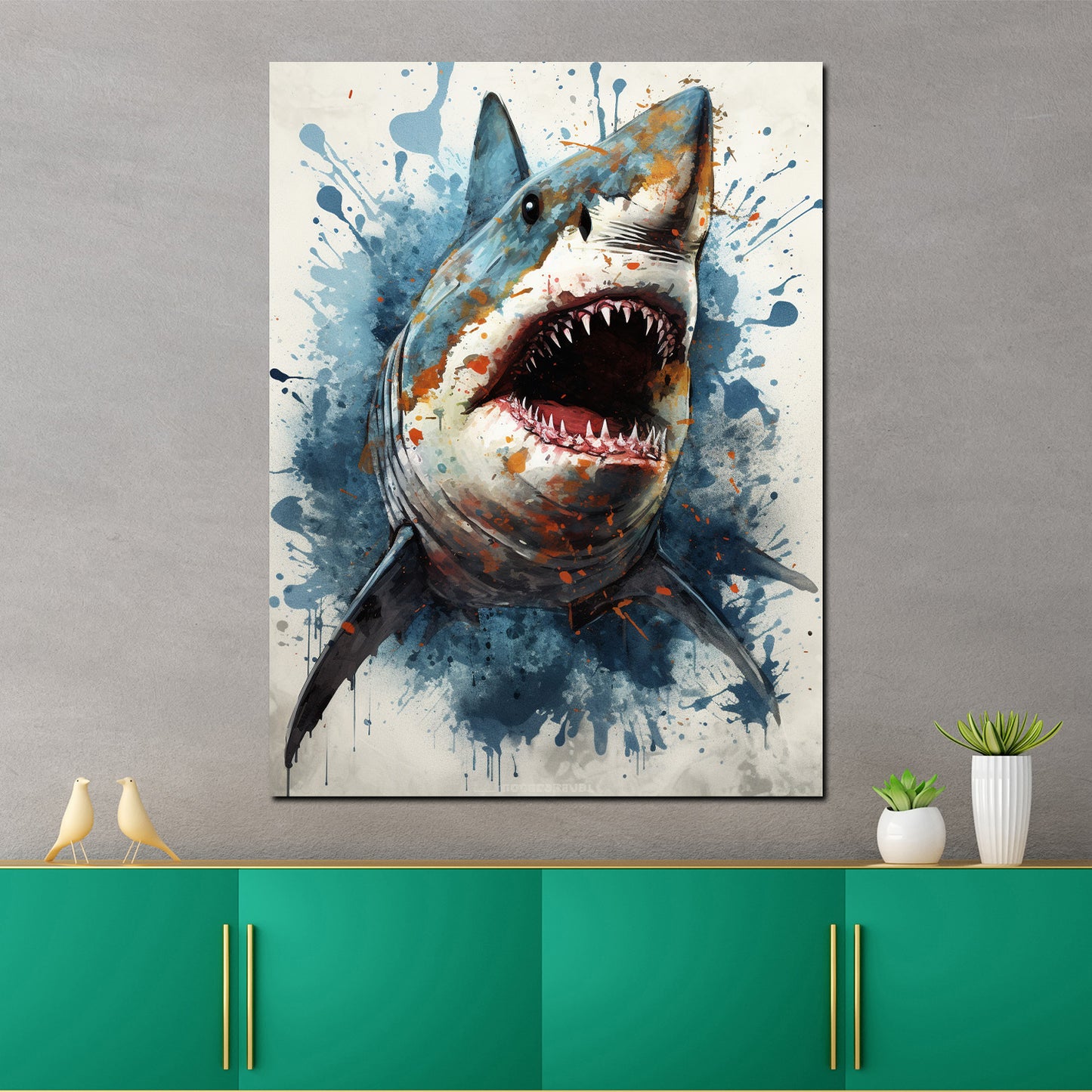 Wandbild Weißer Hai Blue Splash