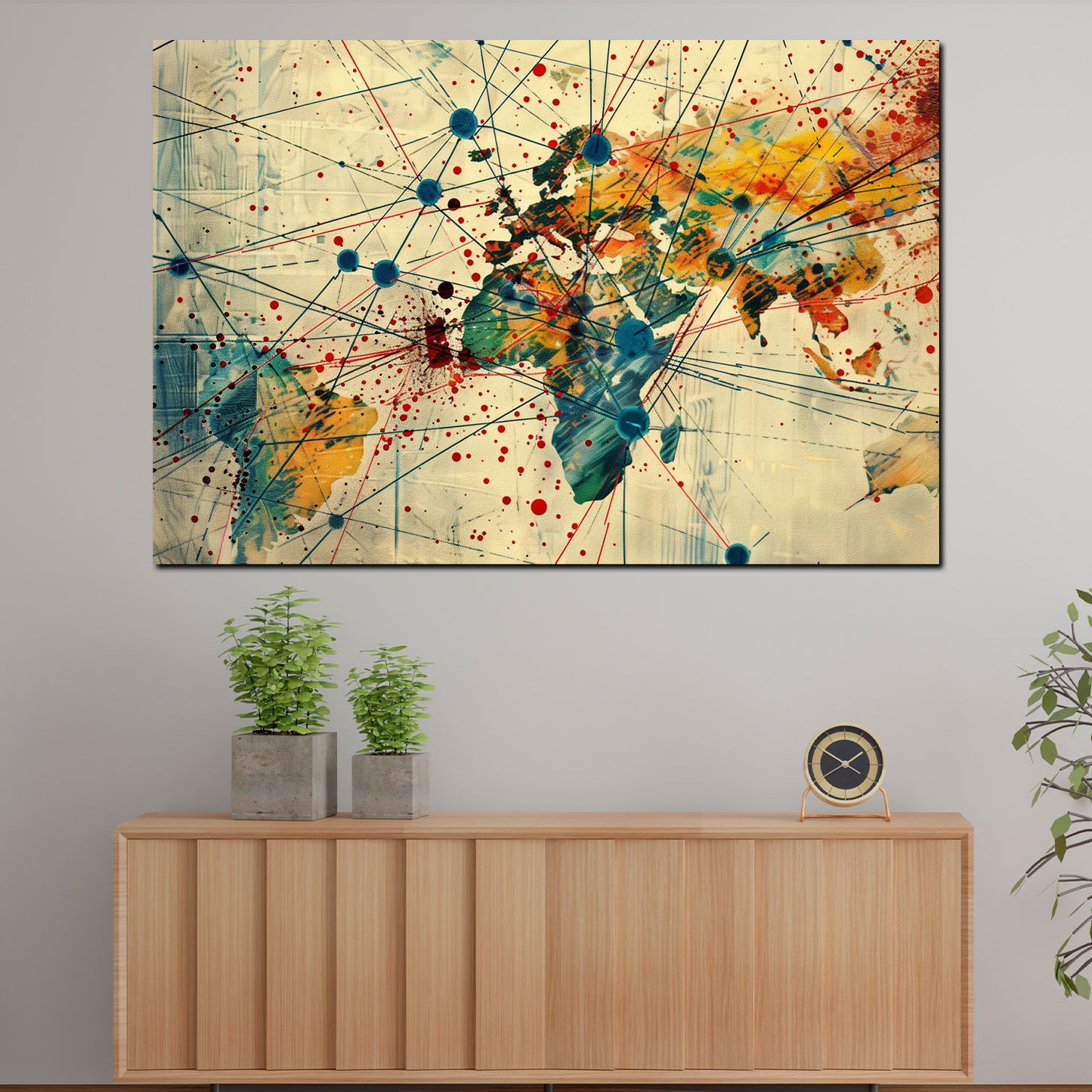 Wandbild Weltkarte modern farbenfroh Kontinente Netzwerk