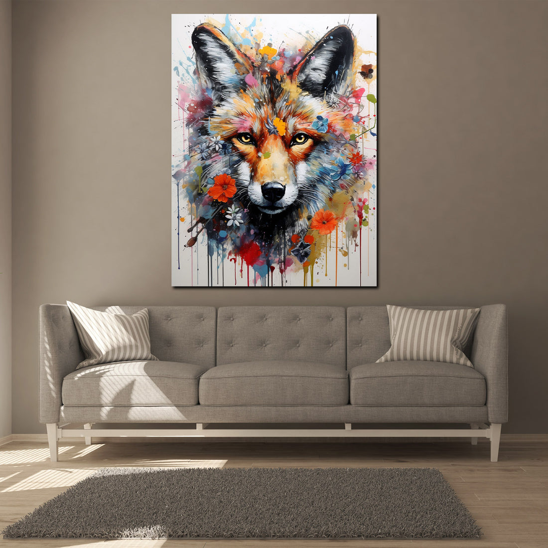 Wandbild Wolf Pop Art abstrakt mit Blumen
