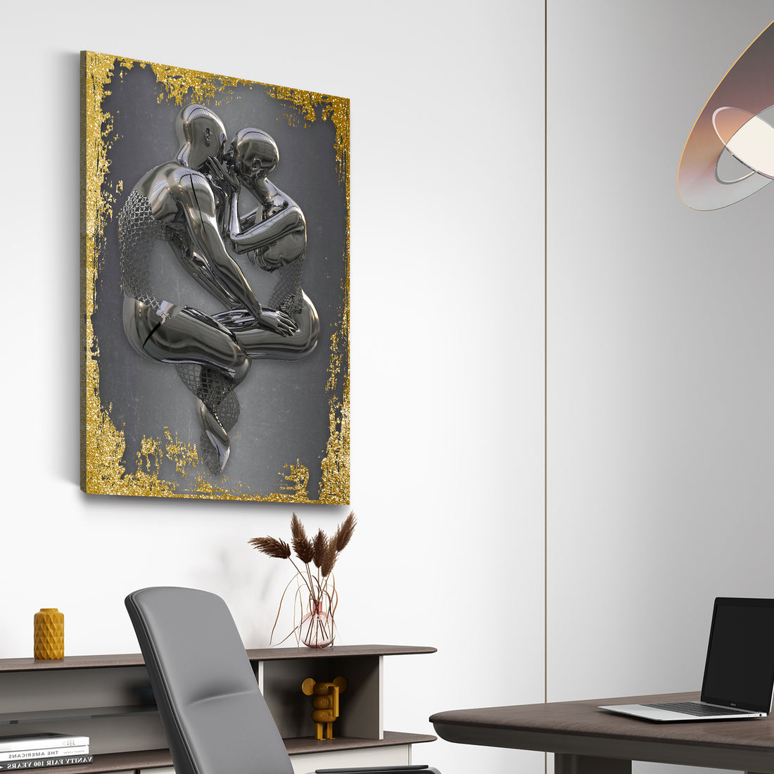 Wandbild abstrakt 3D Metallfigur 2 Körper Metall Wandkunst Gold Style