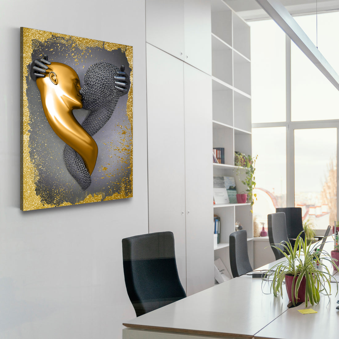 Wandbild abstrakt 3D Metallfigur Kiss Metallic Wandkunst Körper Gold Style
