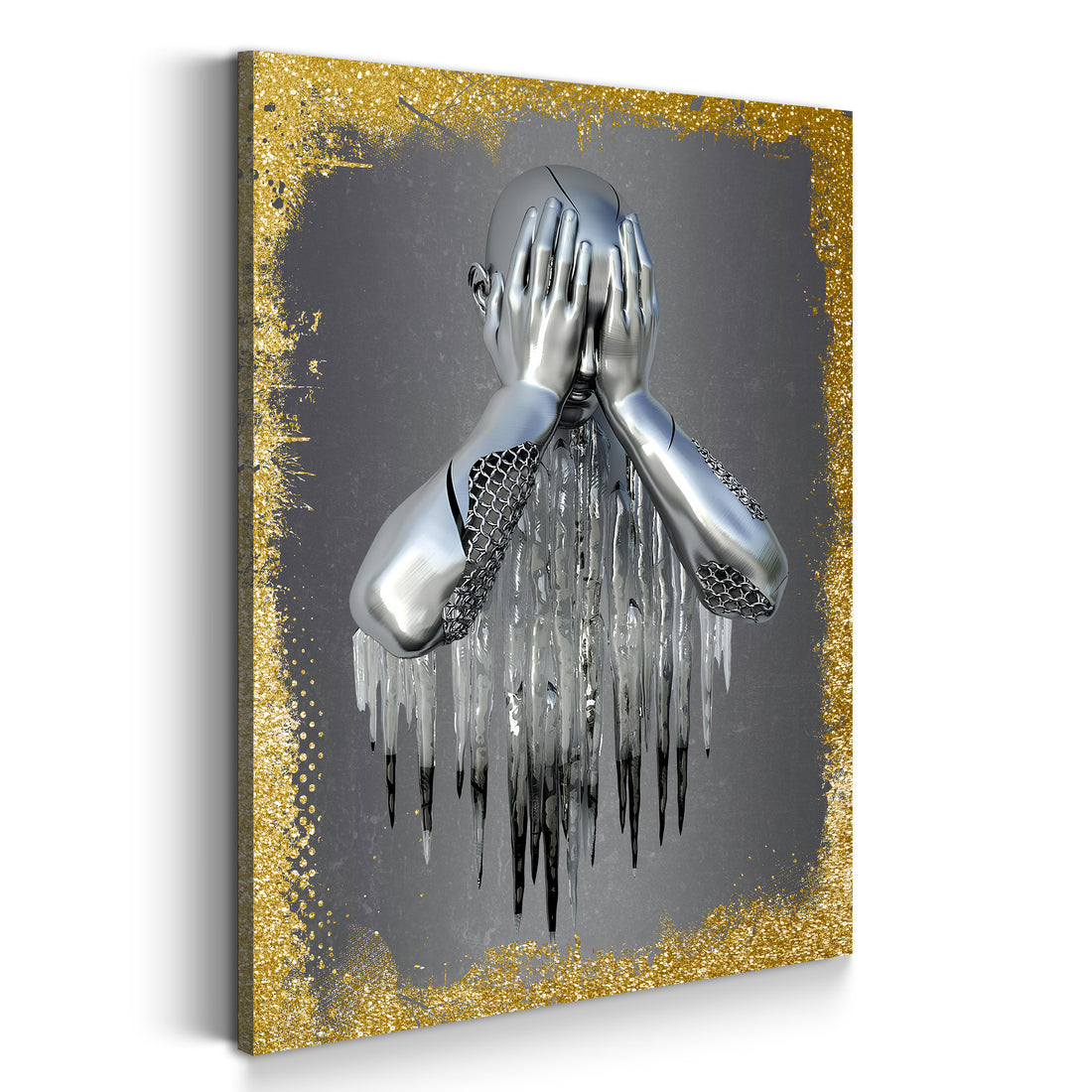 Wandbild abstrakt 3D traurige Metallfigur Metall Wandkunst Gold Style