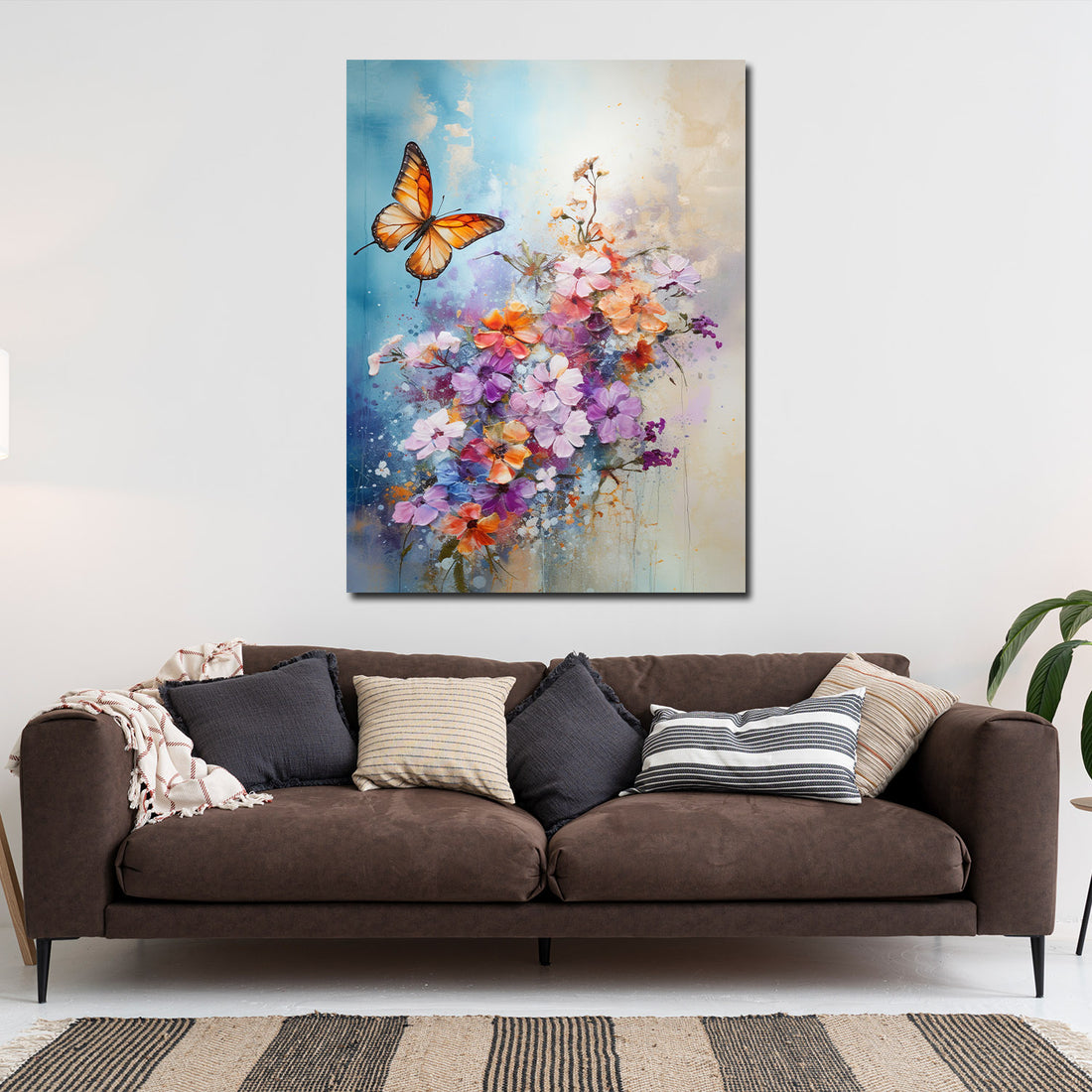 Wandbild abstrakt Blumen mit Schmetterling