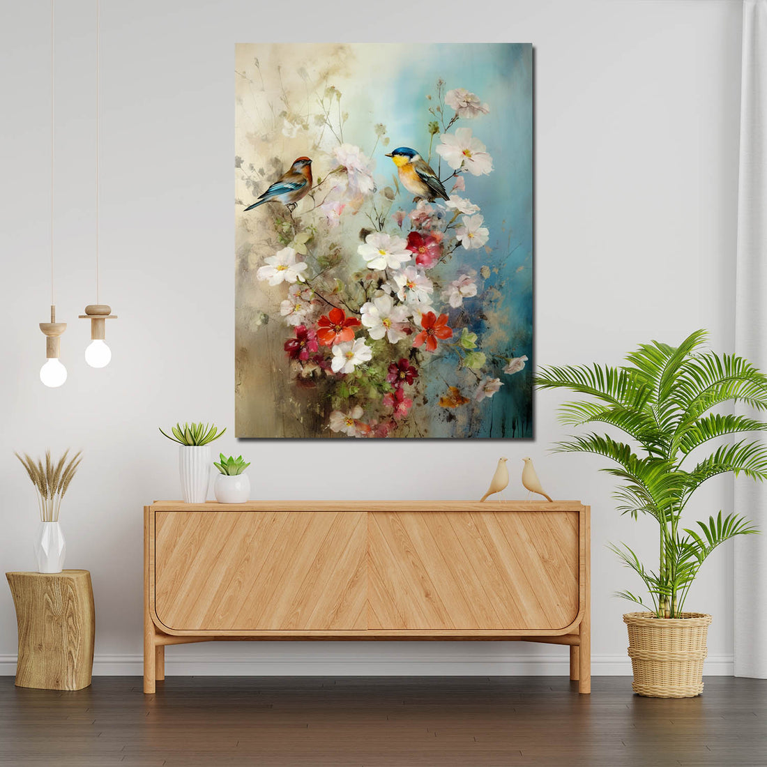Wandbild abstrakt Blumen mit Vögel