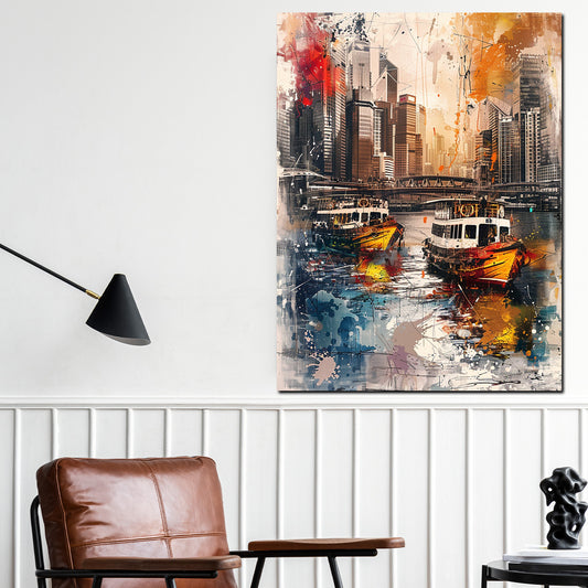 Wandbild abstrakt Boote in Stadt mit Skyline